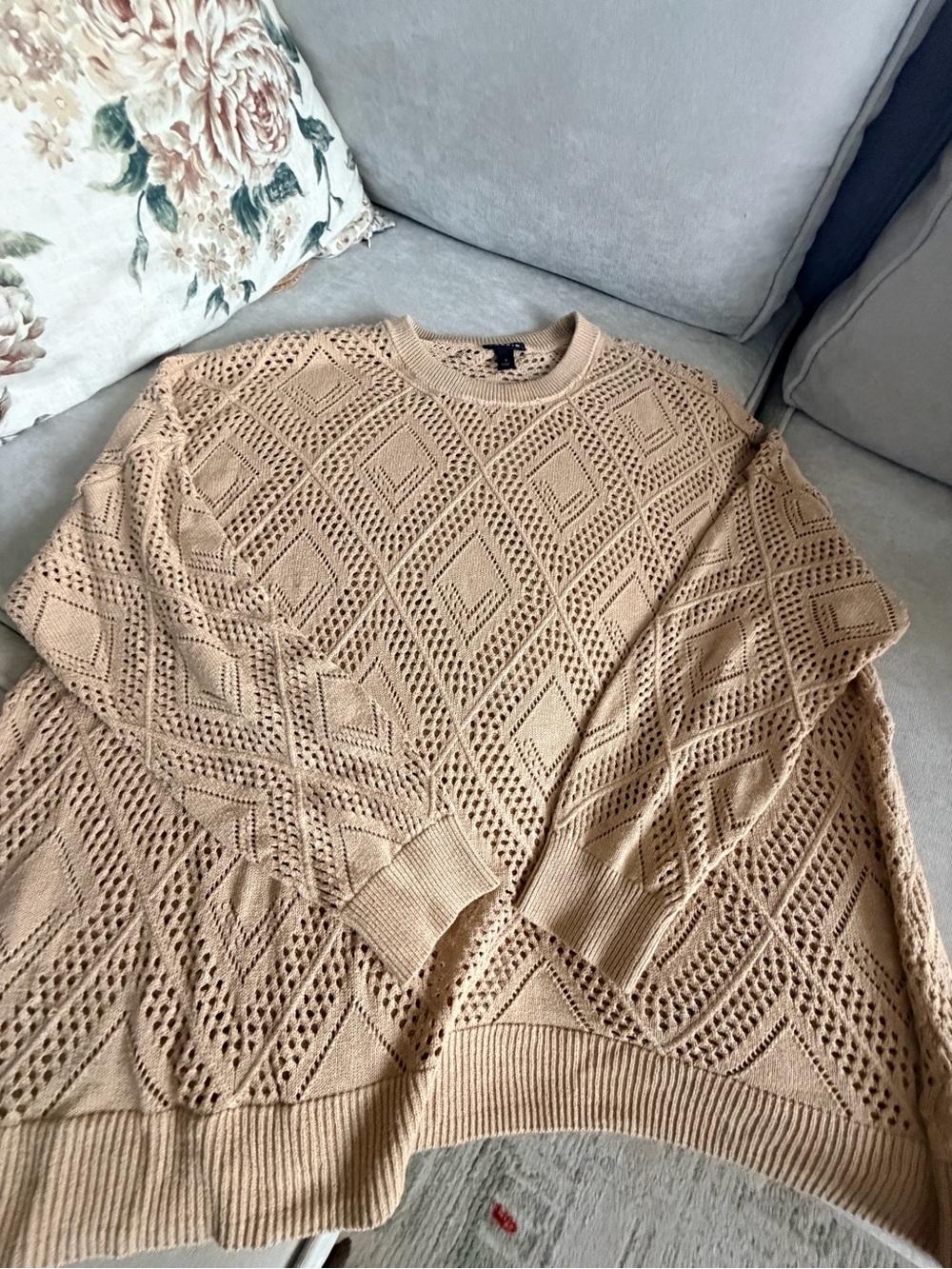 torrid Beige Open-Knit Diamond Crewneck Sweater
